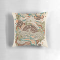 A vibrant and retro-inspired pillow featuring a Parasaurolophus dinosaur in a psychedelic, rainbow-hued sci-fi landscape.