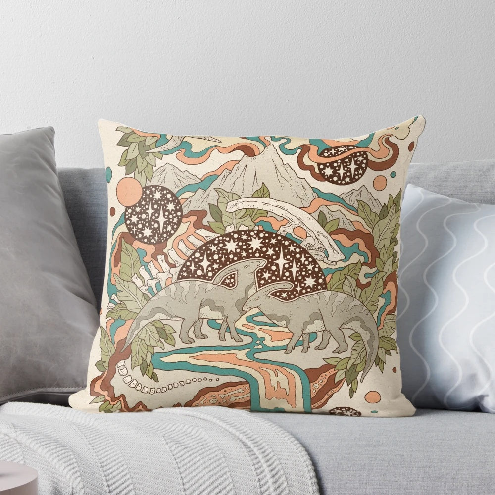A vibrant and retro-inspired pillow featuring a Parasaurolophus dinosaur in a psychedelic, rainbow-hued sci-fi landscape.