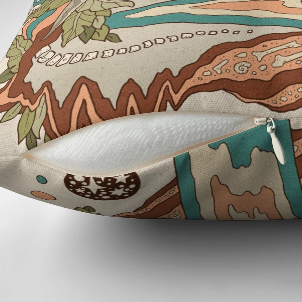 A vibrant and retro-inspired pillow featuring a Parasaurolophus dinosaur in a psychedelic, rainbow-hued sci-fi landscape.