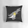 Dinosaur shadow cast over a cockatiel parrot, creating a hilarious and cute design for a throw pillow.