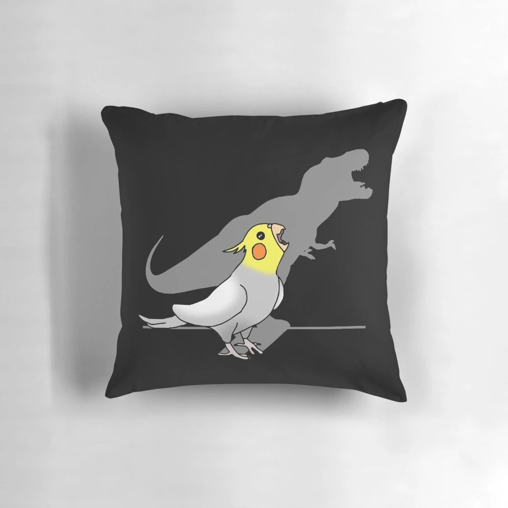 Dinosaur shadow cast over a cockatiel parrot, creating a hilarious and cute design for a throw pillow.