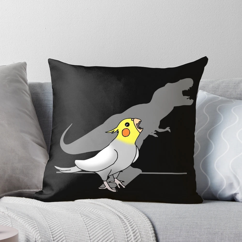 Dinosaur shadow cast over a cockatiel parrot, creating a hilarious and cute design for a throw pillow.