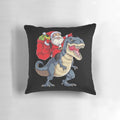 Santa Claus riding a T-Rex dinosaur on a Christmas-themed pillow