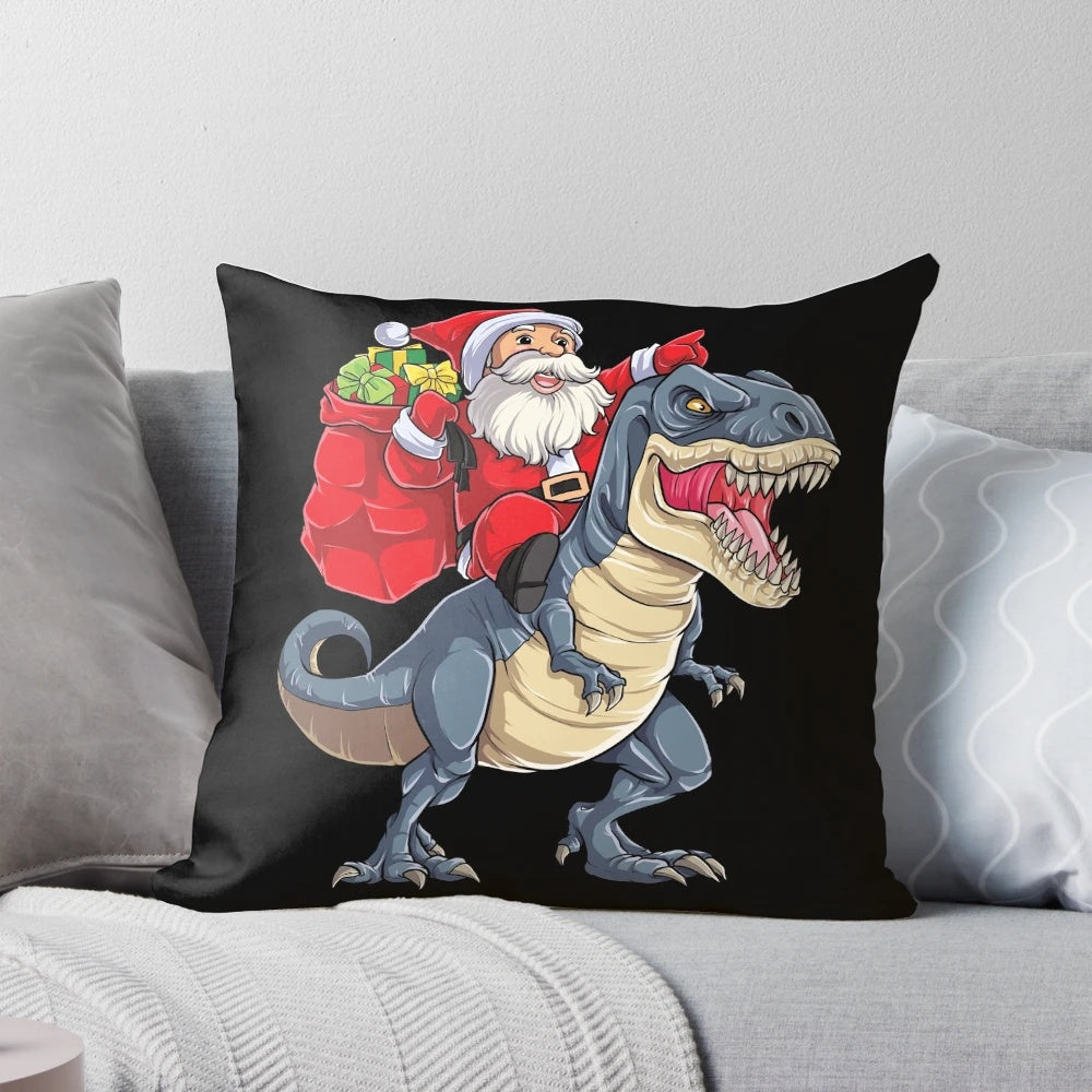 Santa Claus riding a T-Rex dinosaur on a Christmas-themed pillow