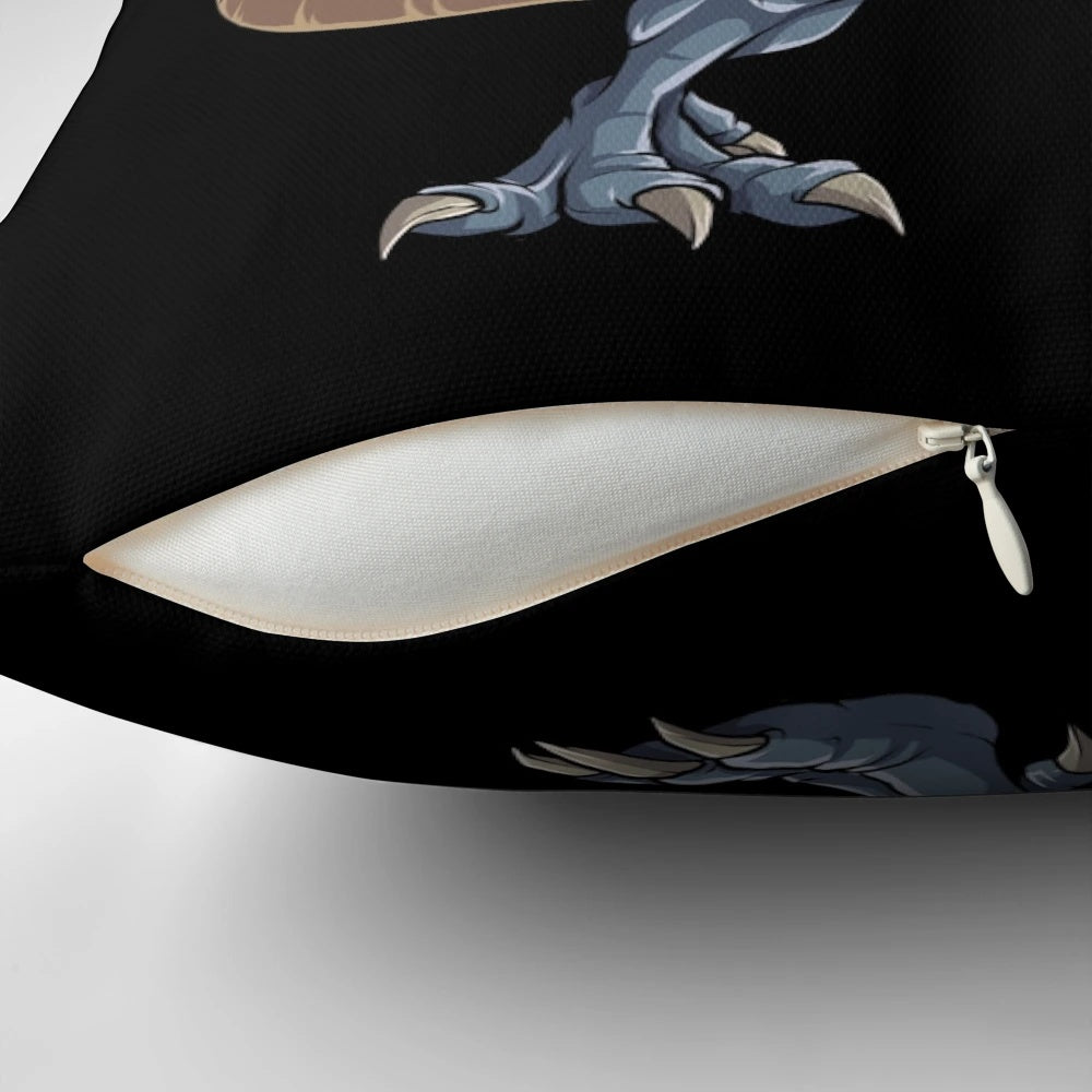 Santa Claus riding a T-Rex dinosaur on a Christmas-themed pillow