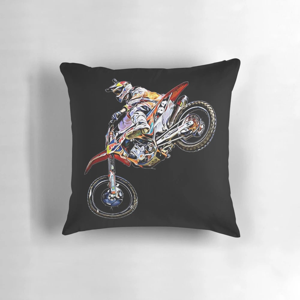 Dirt bike and motocross jump pillow with action-packed graphics