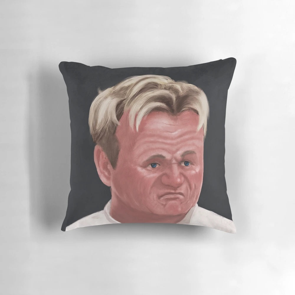 A humorous pillow featuring a disappointed expression of celebrity chef Gordon Ramsay.