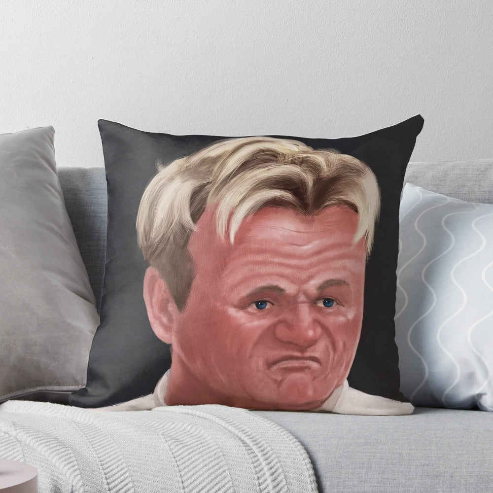 A humorous pillow featuring a disappointed expression of celebrity chef Gordon Ramsay.