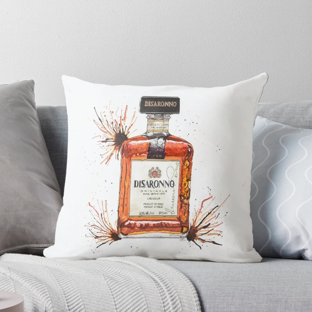Disaronno-themed decorative pillow with an alcohol-inspired design
