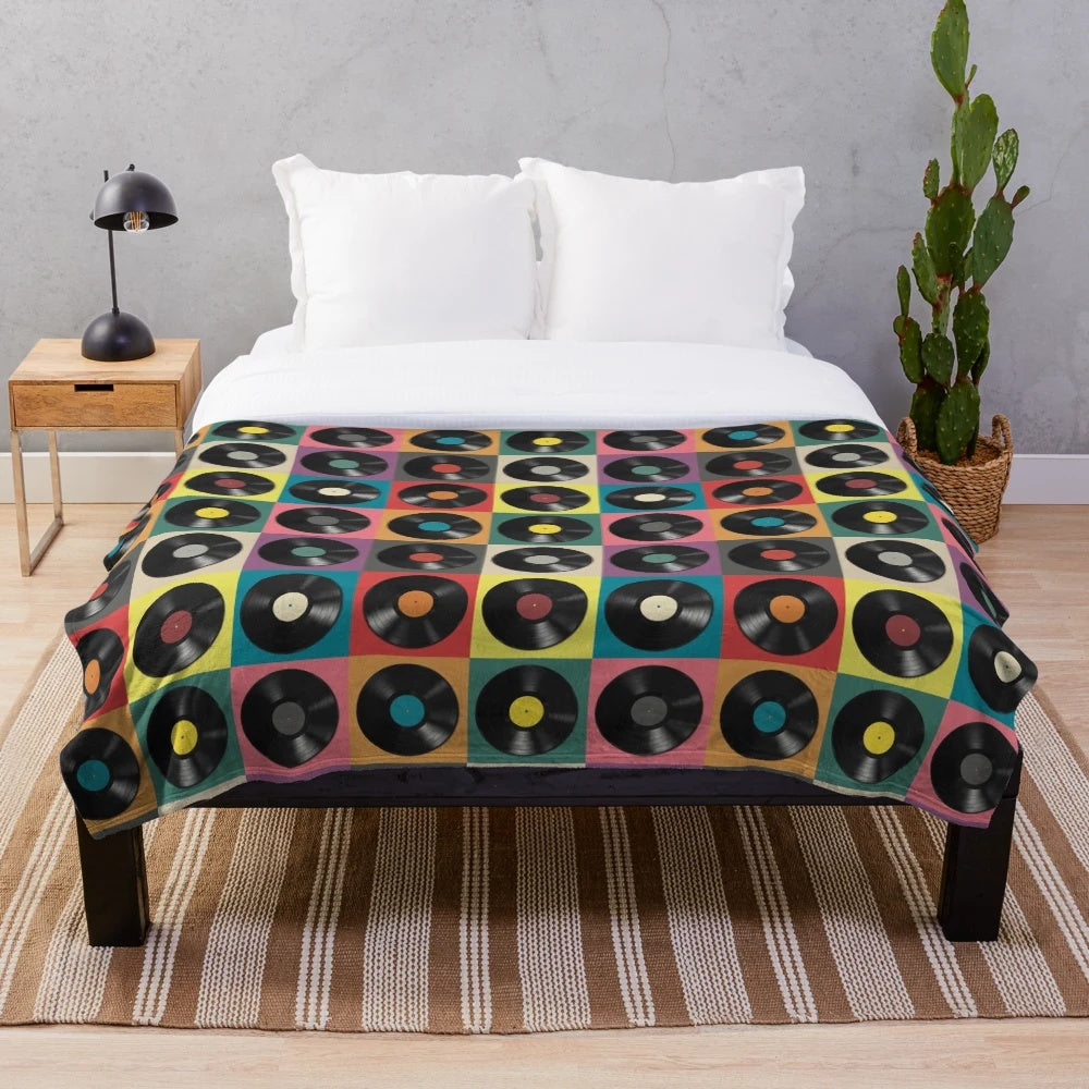 Discjockey pattern plush blanket with vinyl turntable design
