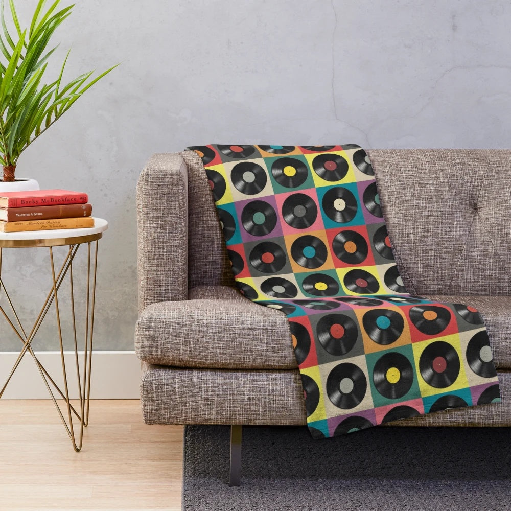 Discjockey pattern plush blanket with vinyl turntable design