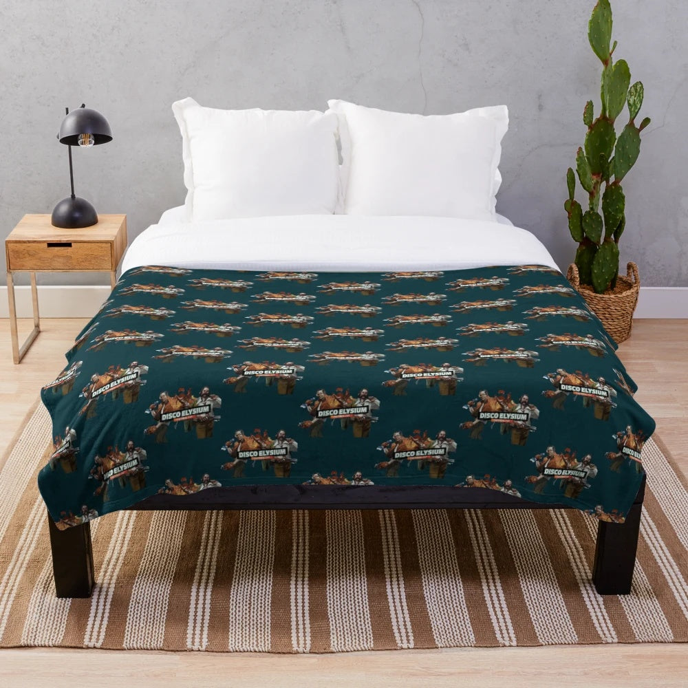Disco Elysium inspired plush blanket featuring characters and artwork from the popular RPG video game