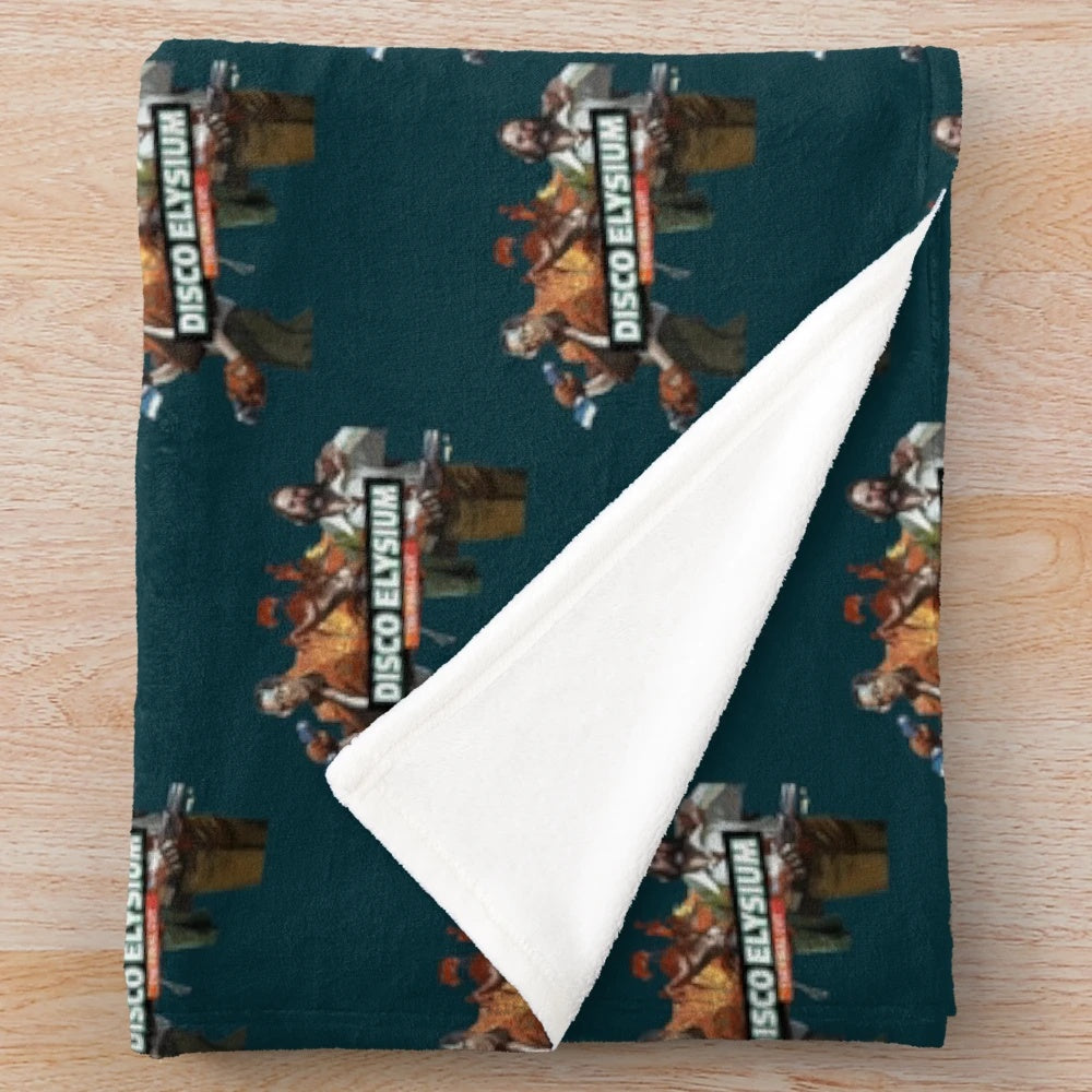 Disco Elysium inspired plush blanket featuring characters and artwork from the popular RPG video game