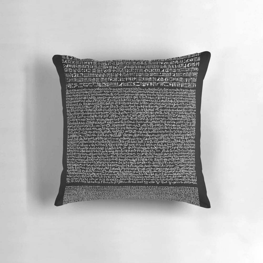 Rosetta Stone inspired decorative throw pillow featuring ancient Egyptian hieroglyphics and designs