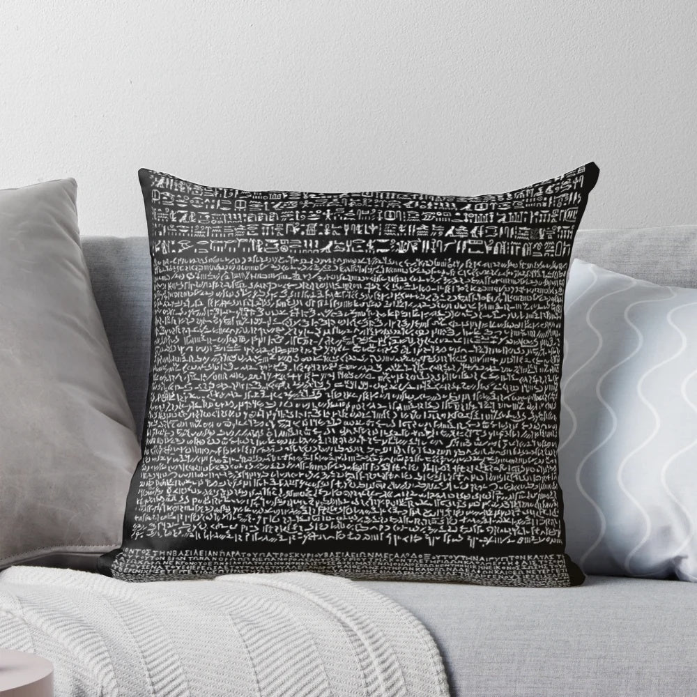 Rosetta Stone inspired decorative throw pillow featuring ancient Egyptian hieroglyphics and designs
