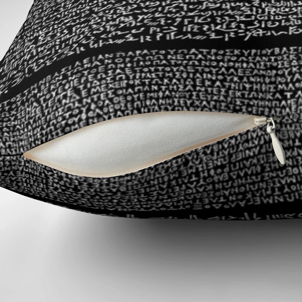 Rosetta Stone inspired decorative throw pillow featuring ancient Egyptian hieroglyphics and designs