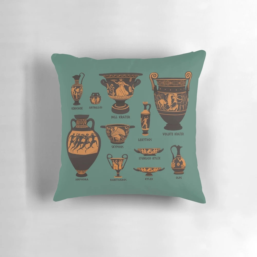 Decorative pillow featuring an intricate ancient Greek pottery design