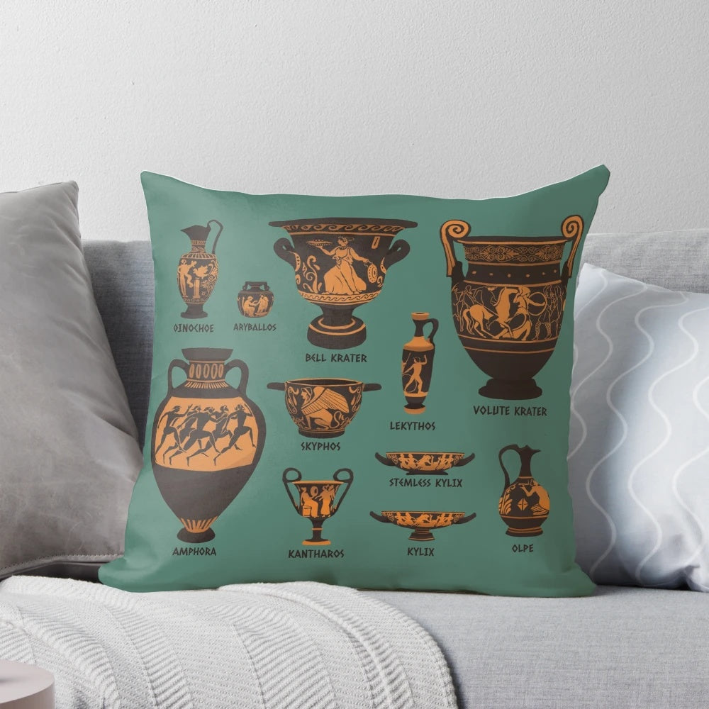 Decorative pillow featuring an intricate ancient Greek pottery design
