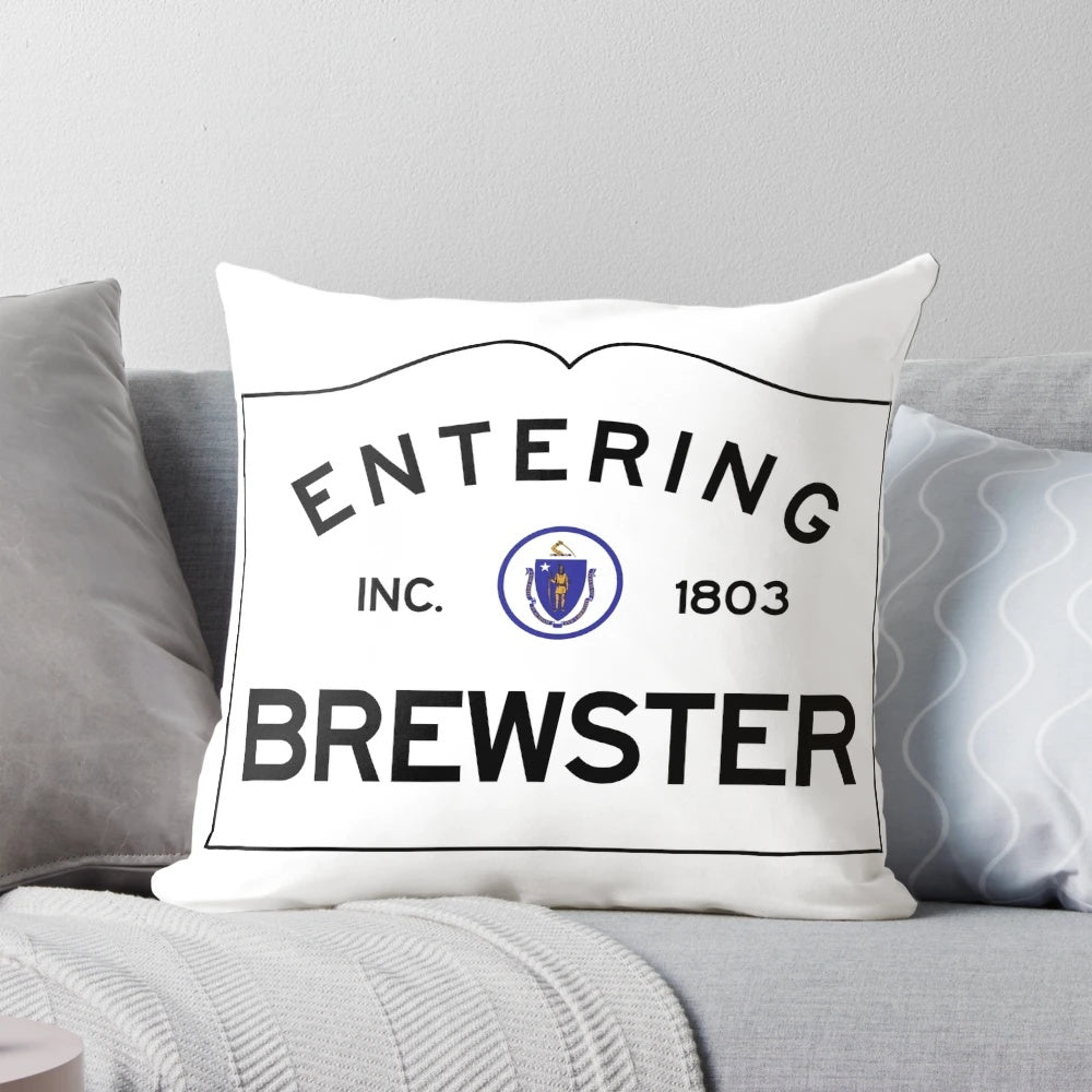 Entering Brewster, Massachusetts road sign decorative throw pillow