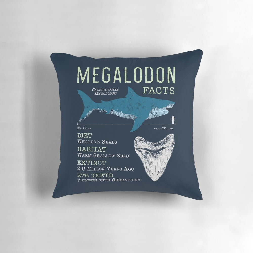 Megalodon shark facts printed on a soft, plush pillow