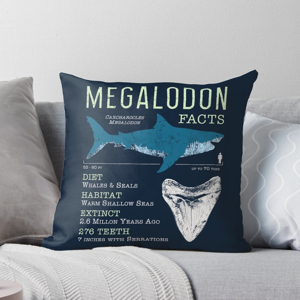 Megalodon shark facts printed on a soft, plush pillow