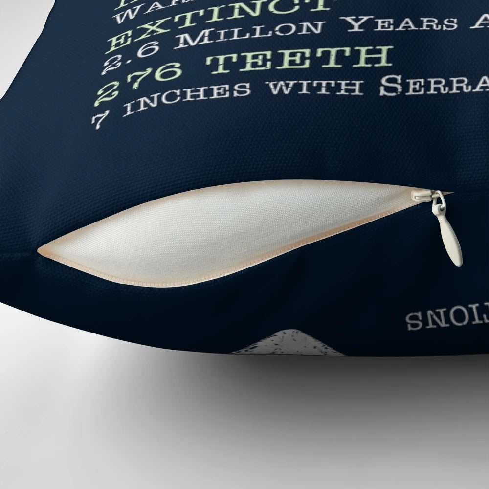 Megalodon shark facts printed on a soft, plush pillow