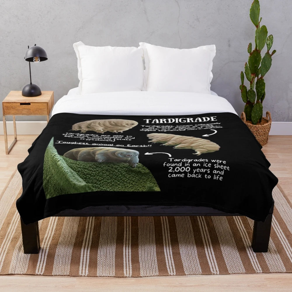 Tardigrade plush blanket featuring fun and interesting facts about the resilient water bear