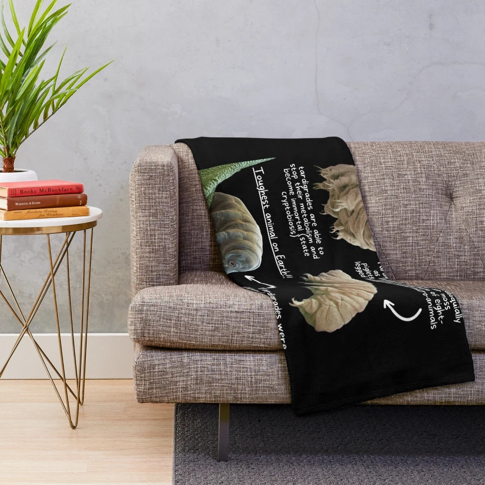 Tardigrade plush blanket featuring fun and interesting facts about the resilient water bear
