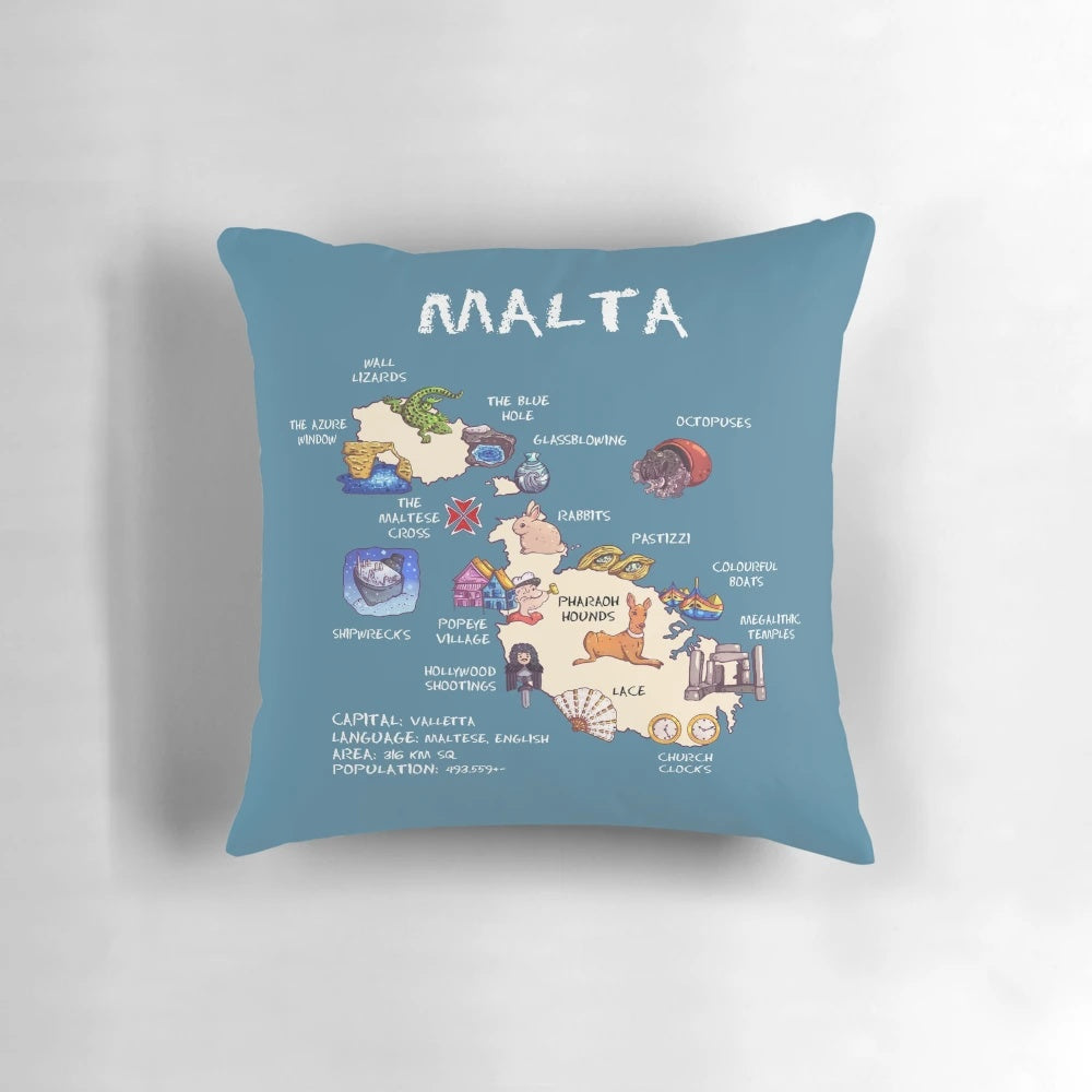 Illustrated map of Malta showcasing the country's top landmarks and attractions
