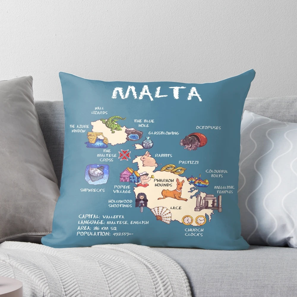 Illustrated map of Malta showcasing the country's top landmarks and attractions
