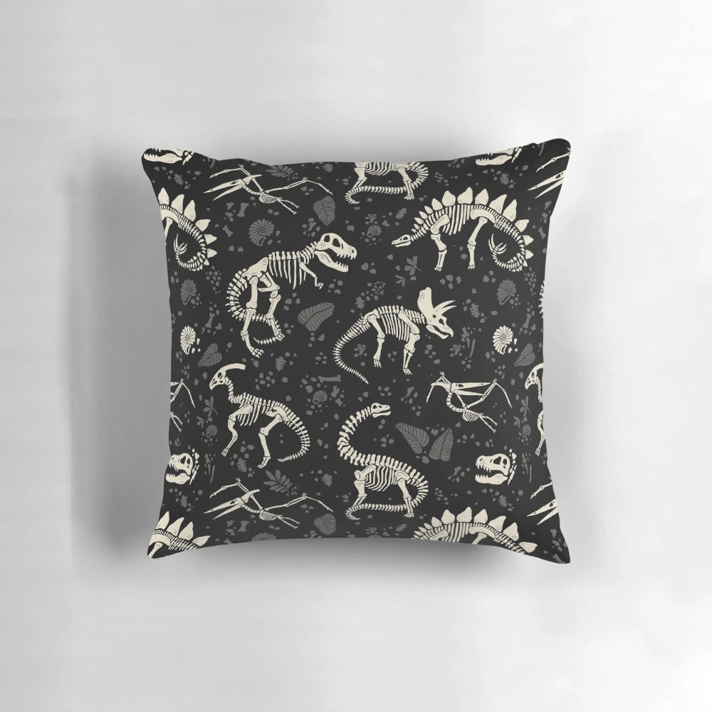 Decorative pillow featuring excavated dinosaur fossils and ancient fossil patterns