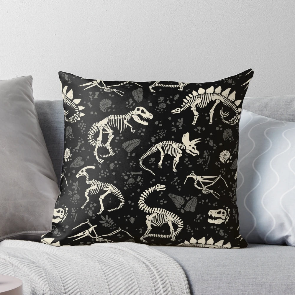 Decorative pillow featuring excavated dinosaur fossils and ancient fossil patterns
