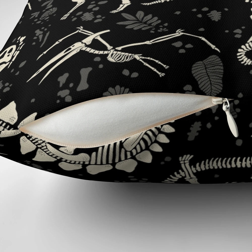 Decorative pillow featuring excavated dinosaur fossils and ancient fossil patterns