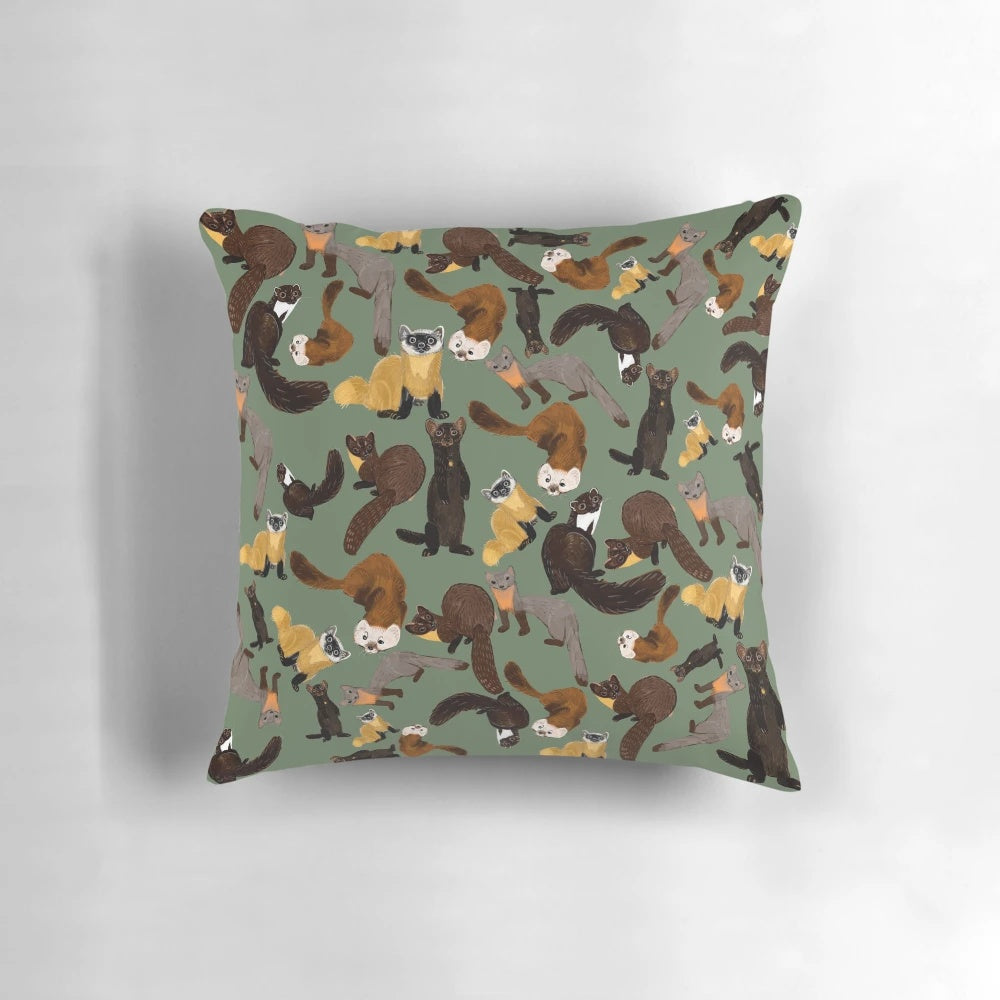 Soft and cuddly pillow featuring a variety of mustelid animals like martens, weasels, and ferrets.