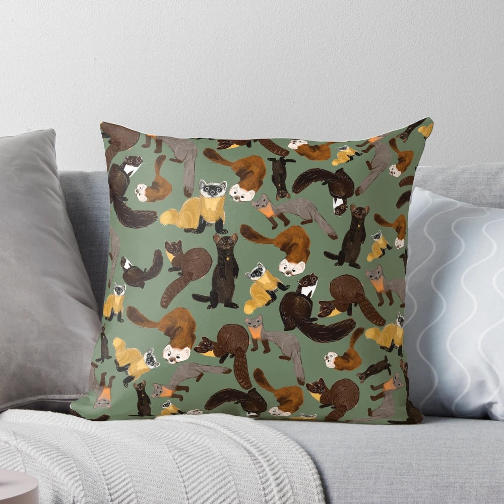 Soft and cuddly pillow featuring a variety of mustelid animals like martens, weasels, and ferrets.