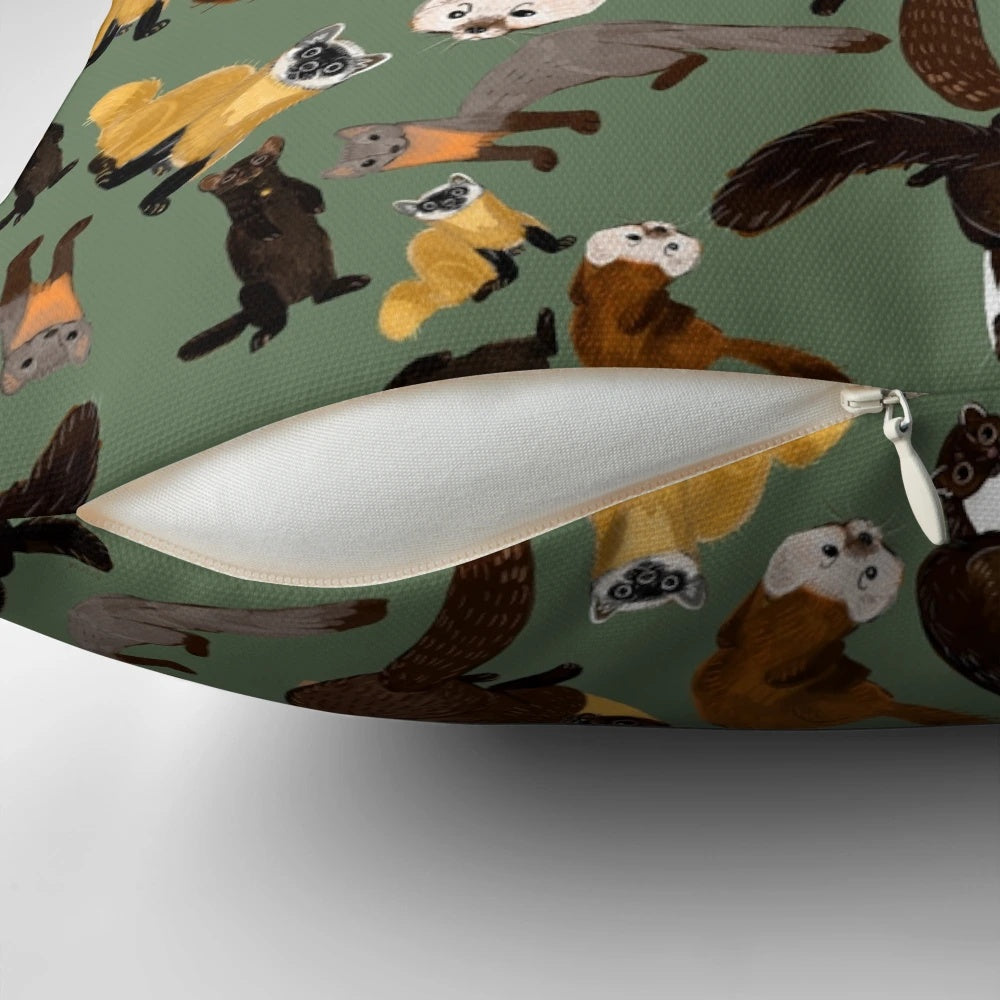 Soft and cuddly pillow featuring a variety of mustelid animals like martens, weasels, and ferrets.