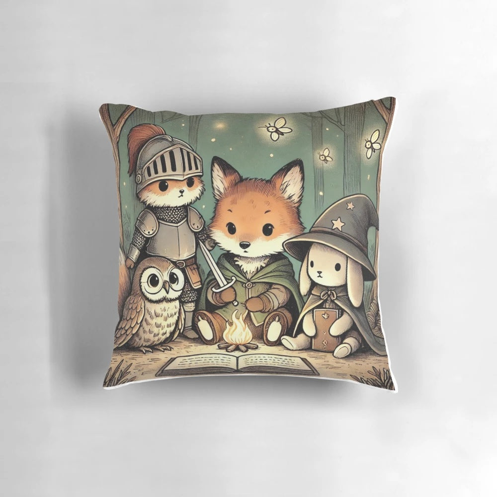 A cozy pillow featuring a whimsical fantasy adventure scene with cute animals