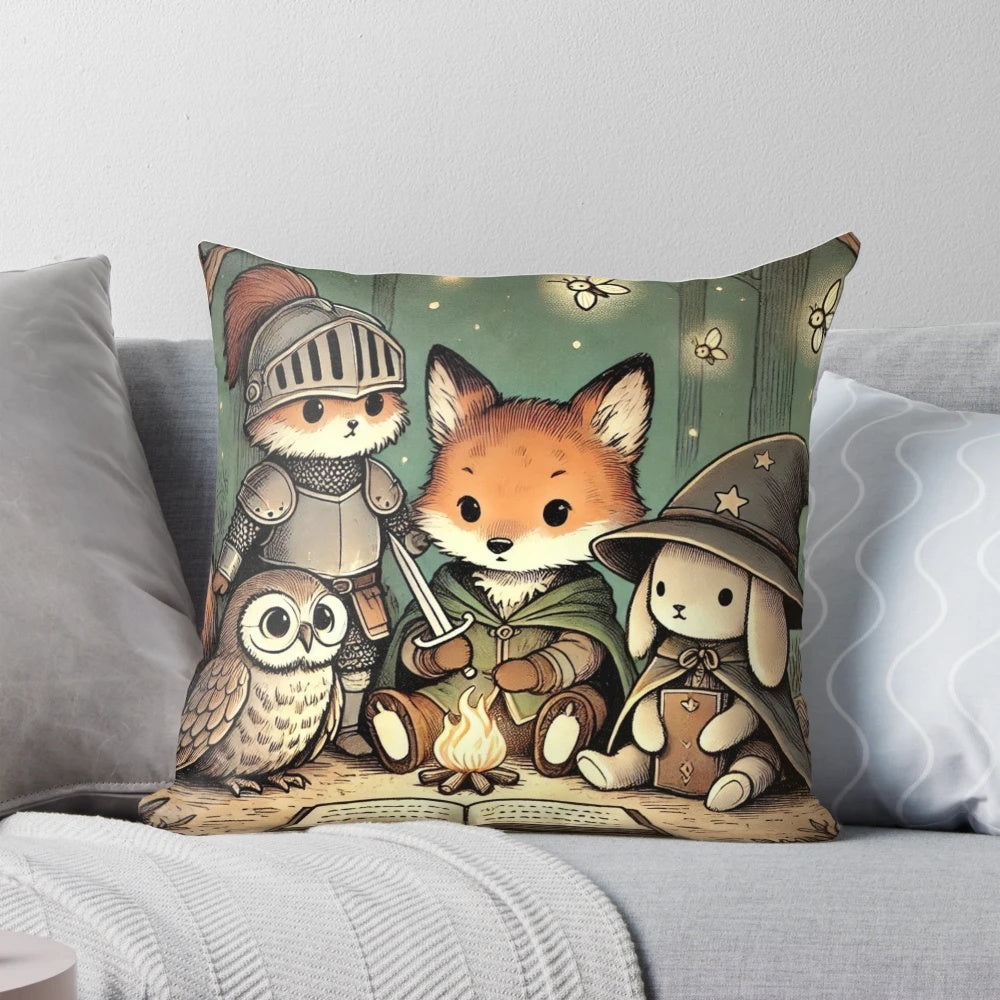 A cozy pillow featuring a whimsical fantasy adventure scene with cute animals