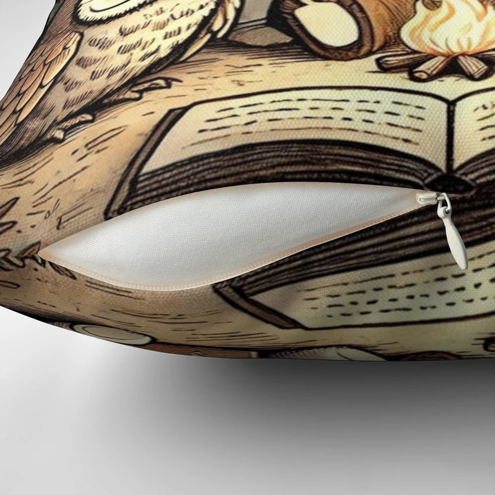 A cozy pillow featuring a whimsical fantasy adventure scene with cute animals