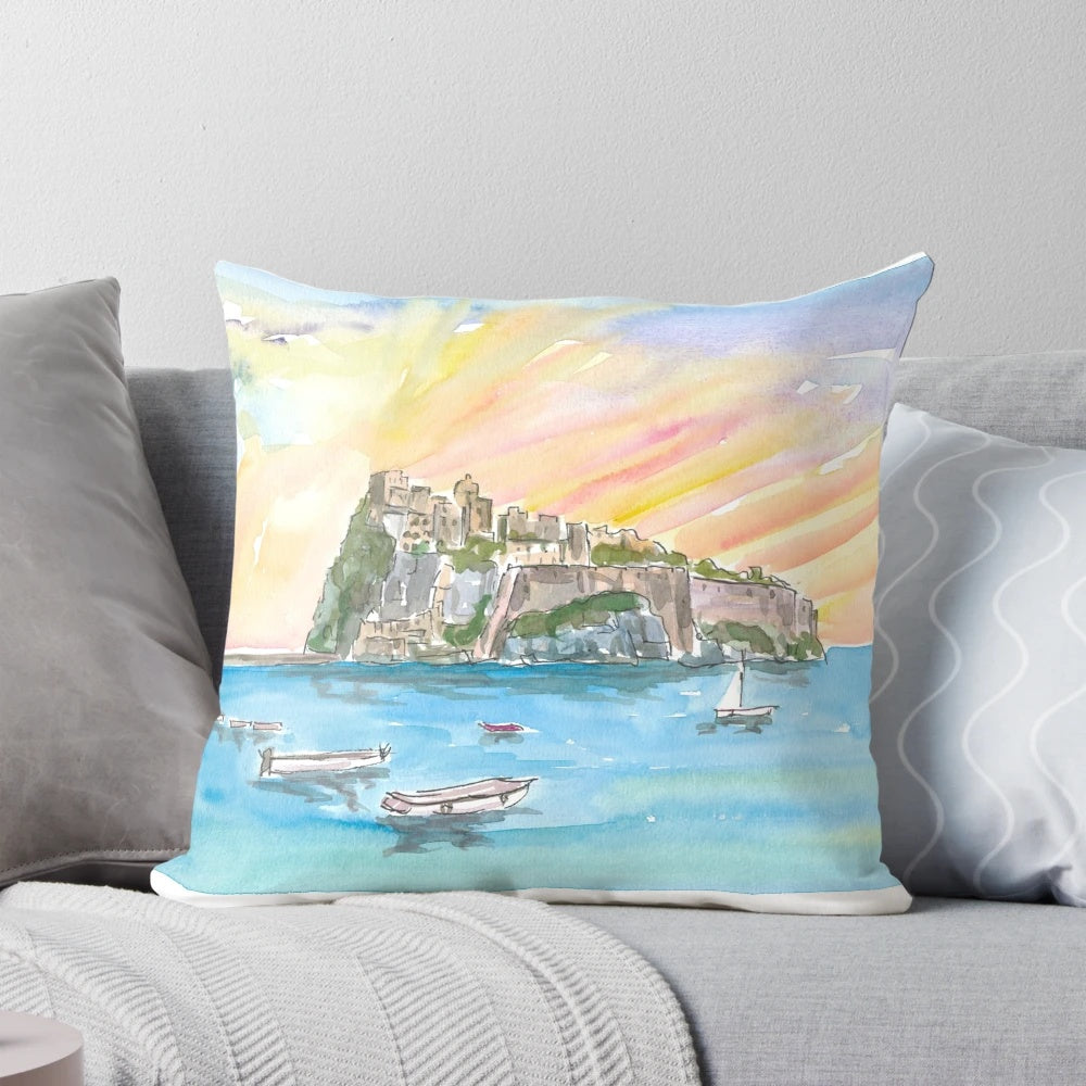 Pillow featuring the iconic Castello Aragonese in Ischia, Italy