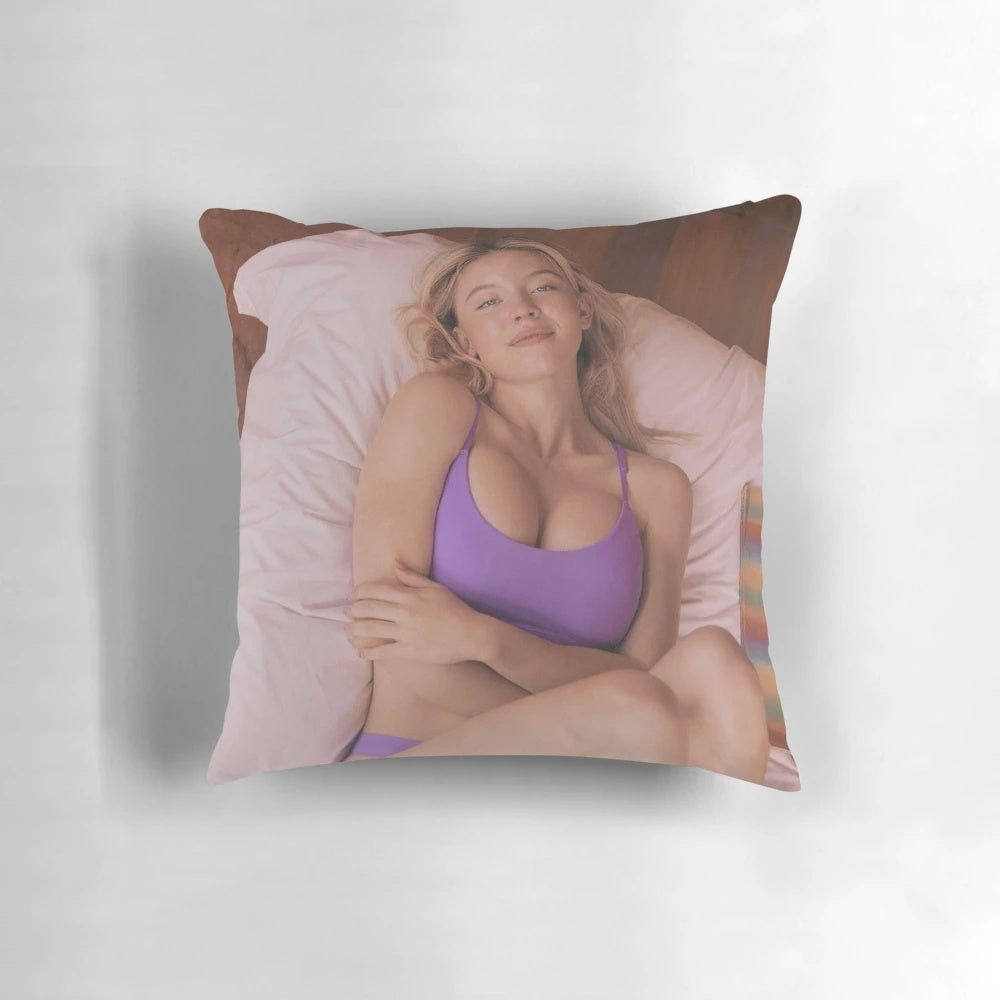 Sydney Sweeney, a talented and beautiful Hollywood actress, featured on a custom pillow