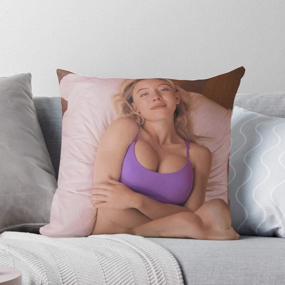 Sydney Sweeney, a talented and beautiful Hollywood actress, featured on a custom pillow