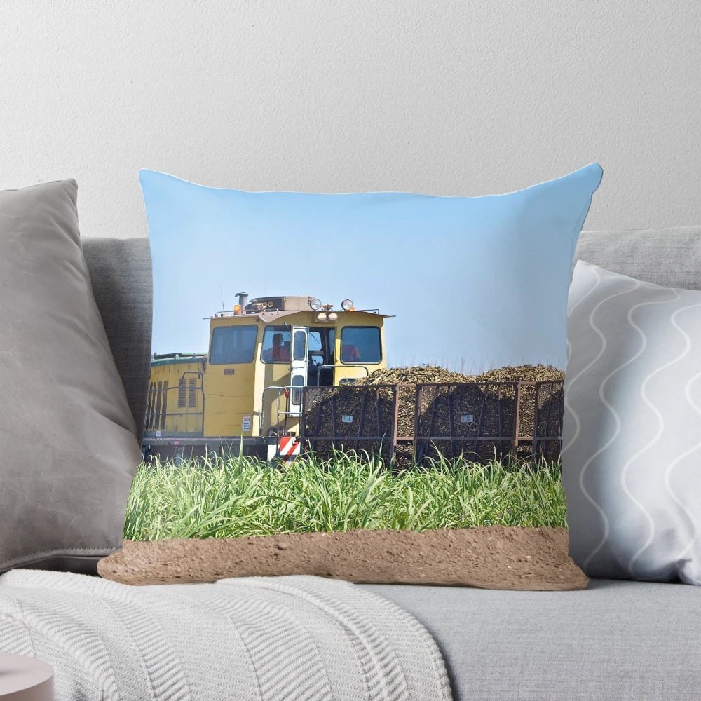 A cozy pillow featuring a cane train design, perfect for capturing the essence of Ayr, North Queensland.