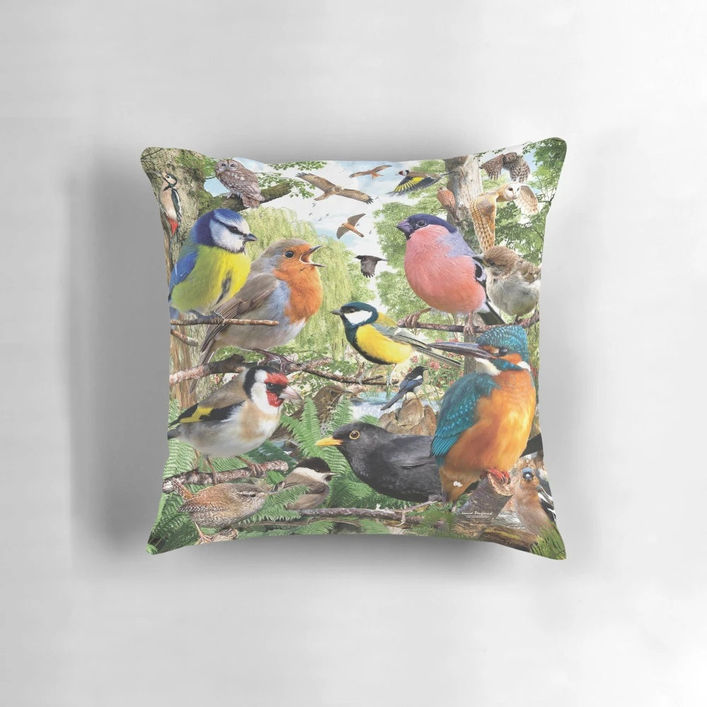A cozy pillow featuring a vibrant design of various British birds, including owls, hawks, and more.