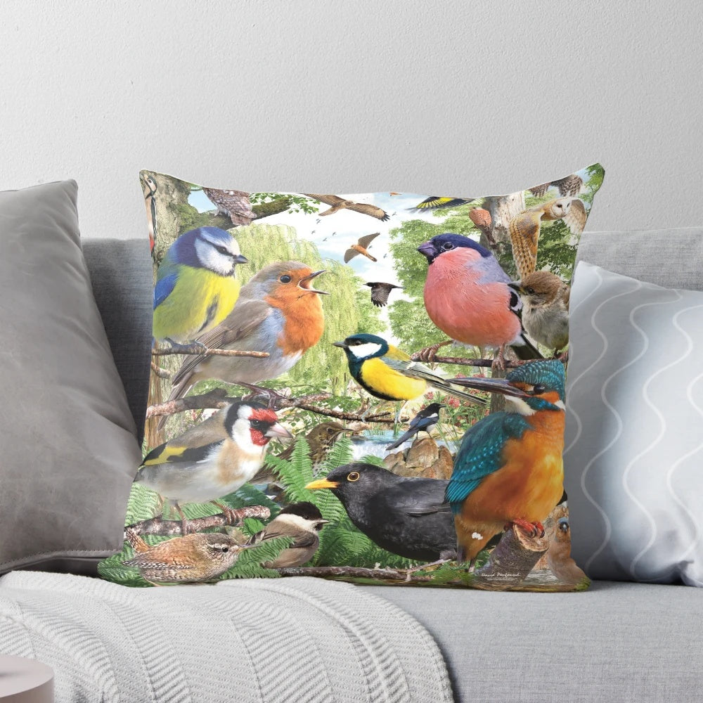 A cozy pillow featuring a vibrant design of various British birds, including owls, hawks, and more.