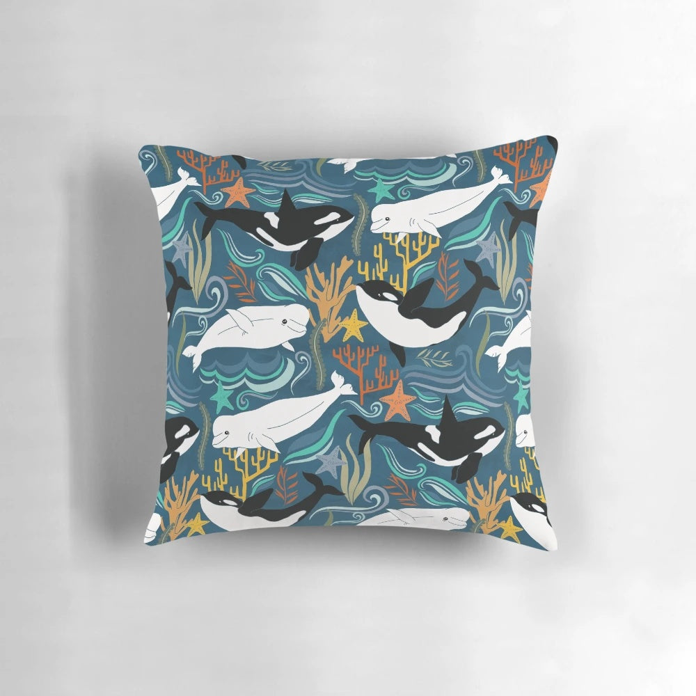 Soft, plush pillow featuring a beautiful illustration of whales swimming in the ocean