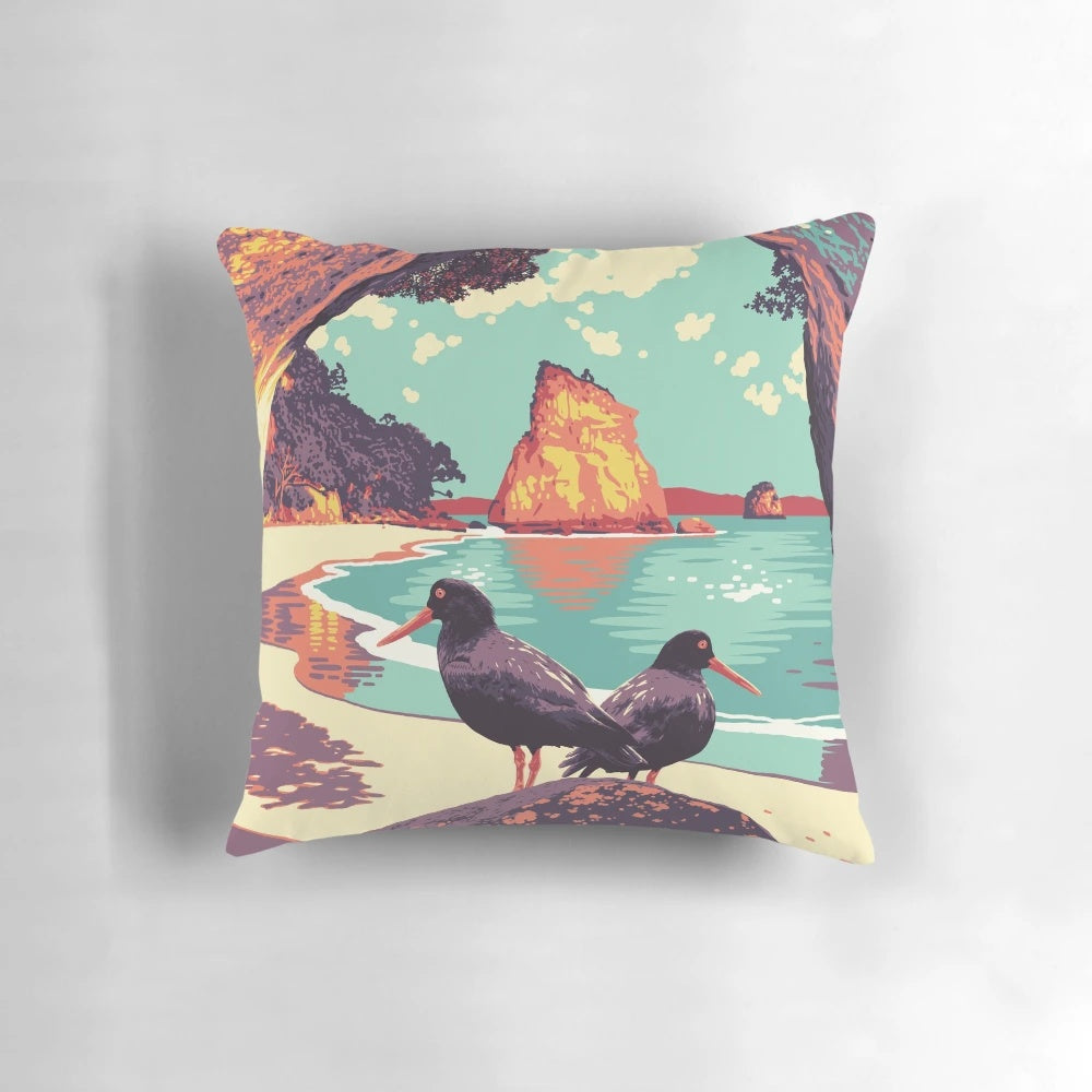 Vintage-style decorative pillow featuring a scenic image of Cathedral Cove, New Zealand