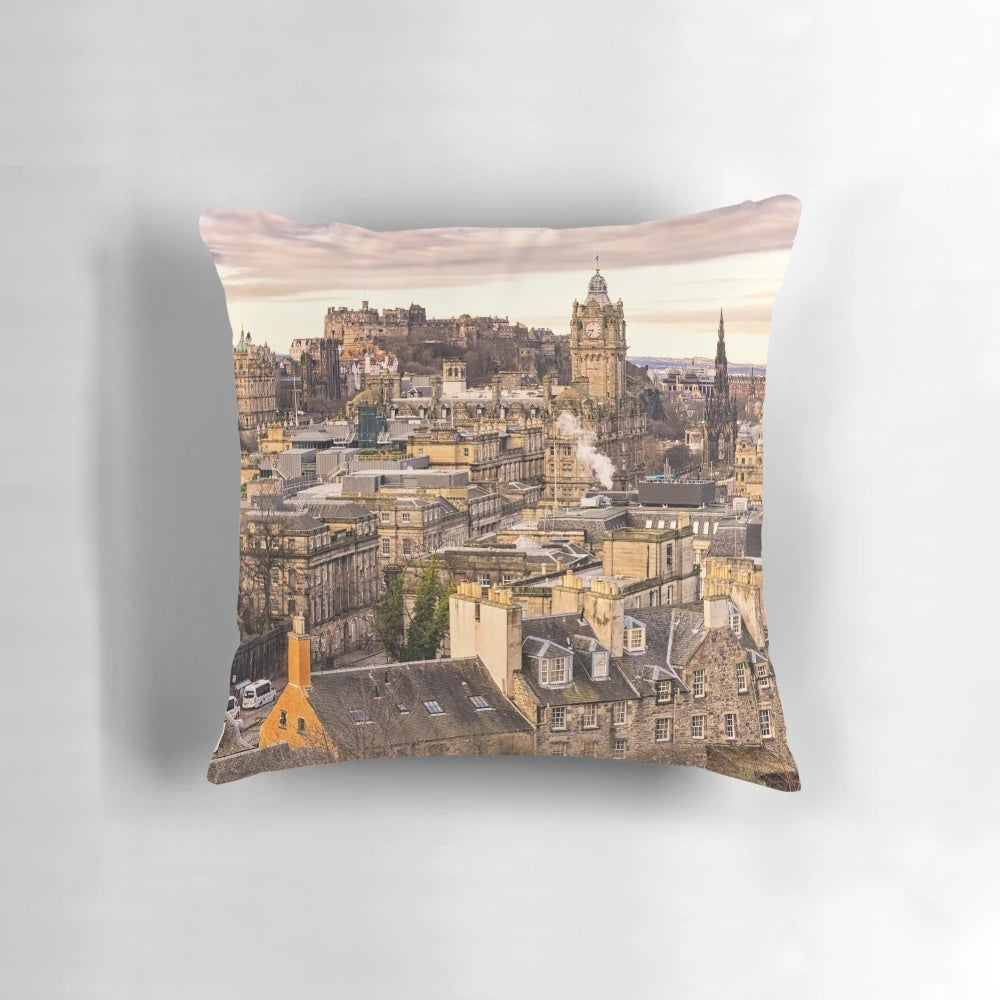 Edinburgh Morning Pillow showcasing the iconic cityscape and castle of Scotland's capital city