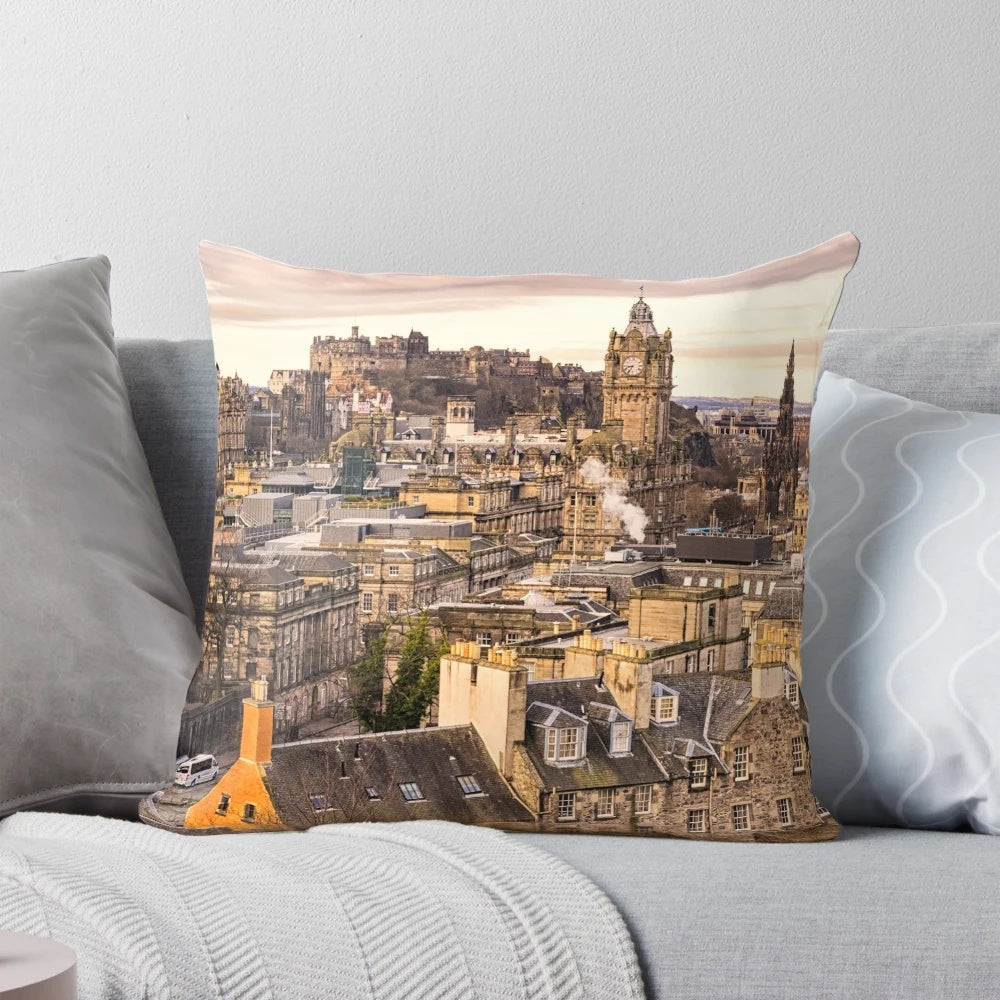 Edinburgh Morning Pillow showcasing the iconic cityscape and castle of Scotland's capital city