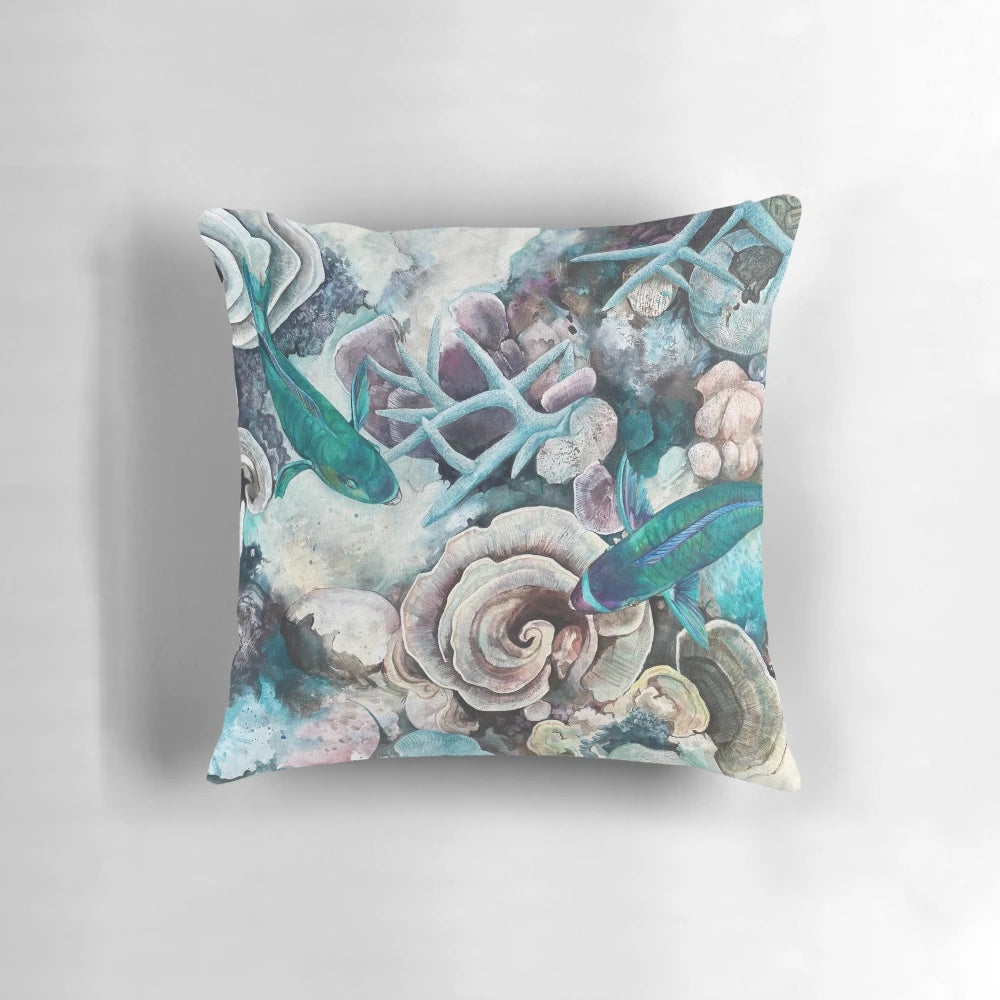 Parrotfish Pillow featuring vibrant marine life and coral reef scenery